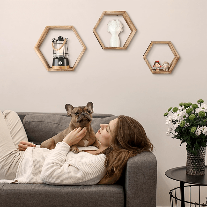 Conjunto de 3 Prateleiras Hexagonais de Parede em Madeira – Estilo Glam para Sala e Decoração Moderna