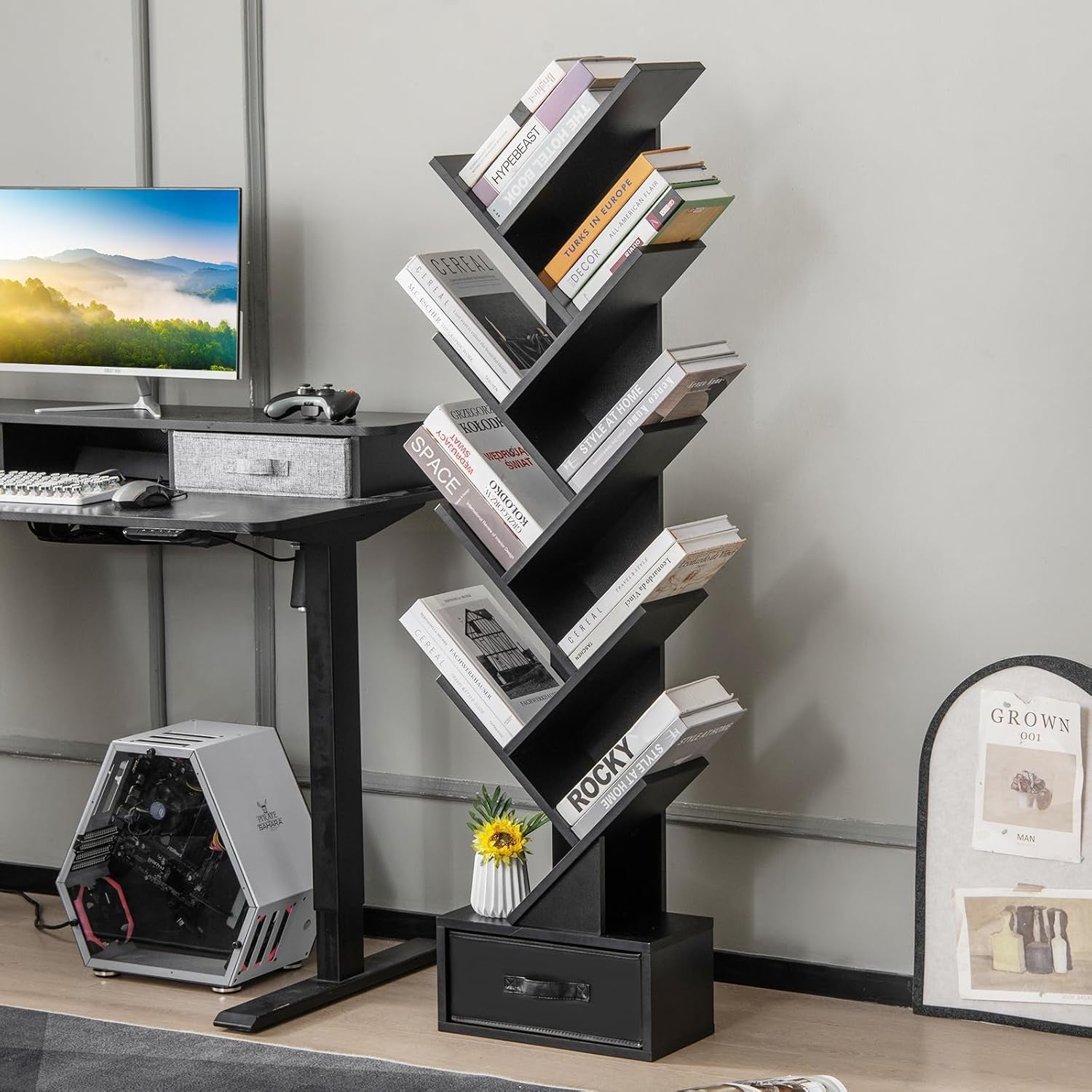 Estante Árvore Estreita em Madeira com 10 Prateleiras – Livre de Pé para Sala, Escritório e Quarto