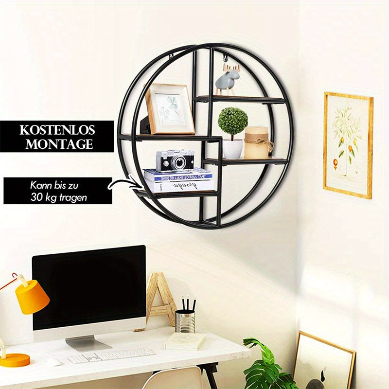 Prateleira Flutuante Redonda Moderna em Metal e Madeira – 4 Níveis