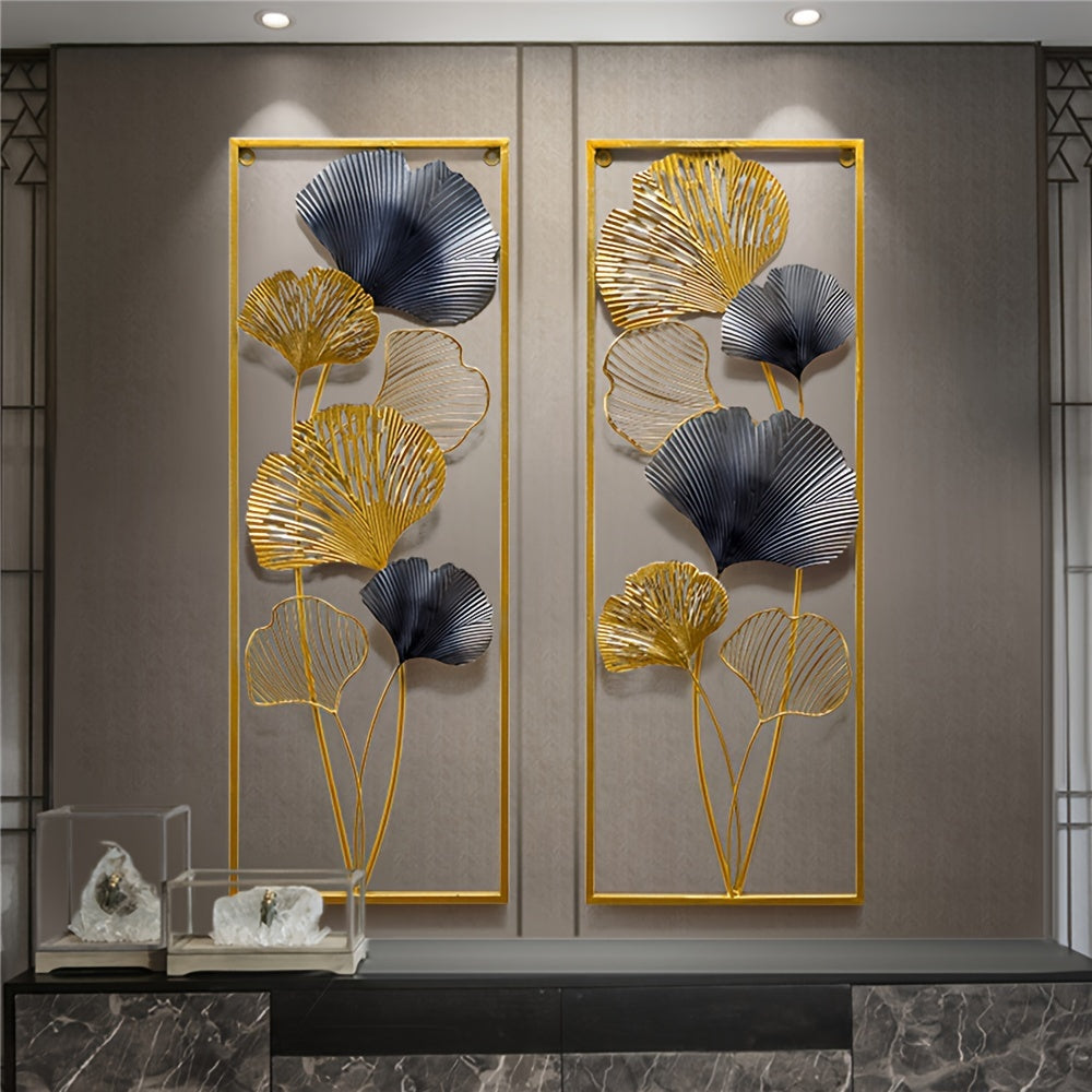 Conjunto 2 Quadros Decorativos em Metal – Folhas de Ginkgo 3D Douradas, 85 × 31 cm