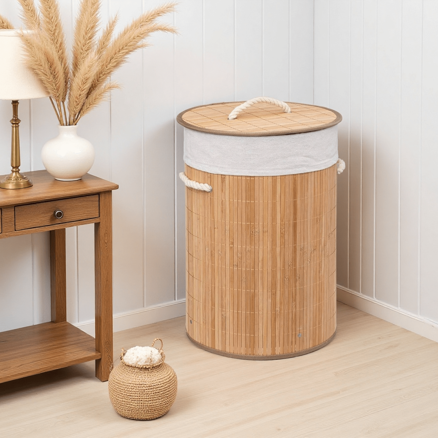 Cesto de Roupa Suja Redondo em Bambu 48L – Cesto Dobrável com Tampa para Quarto e Banheiro