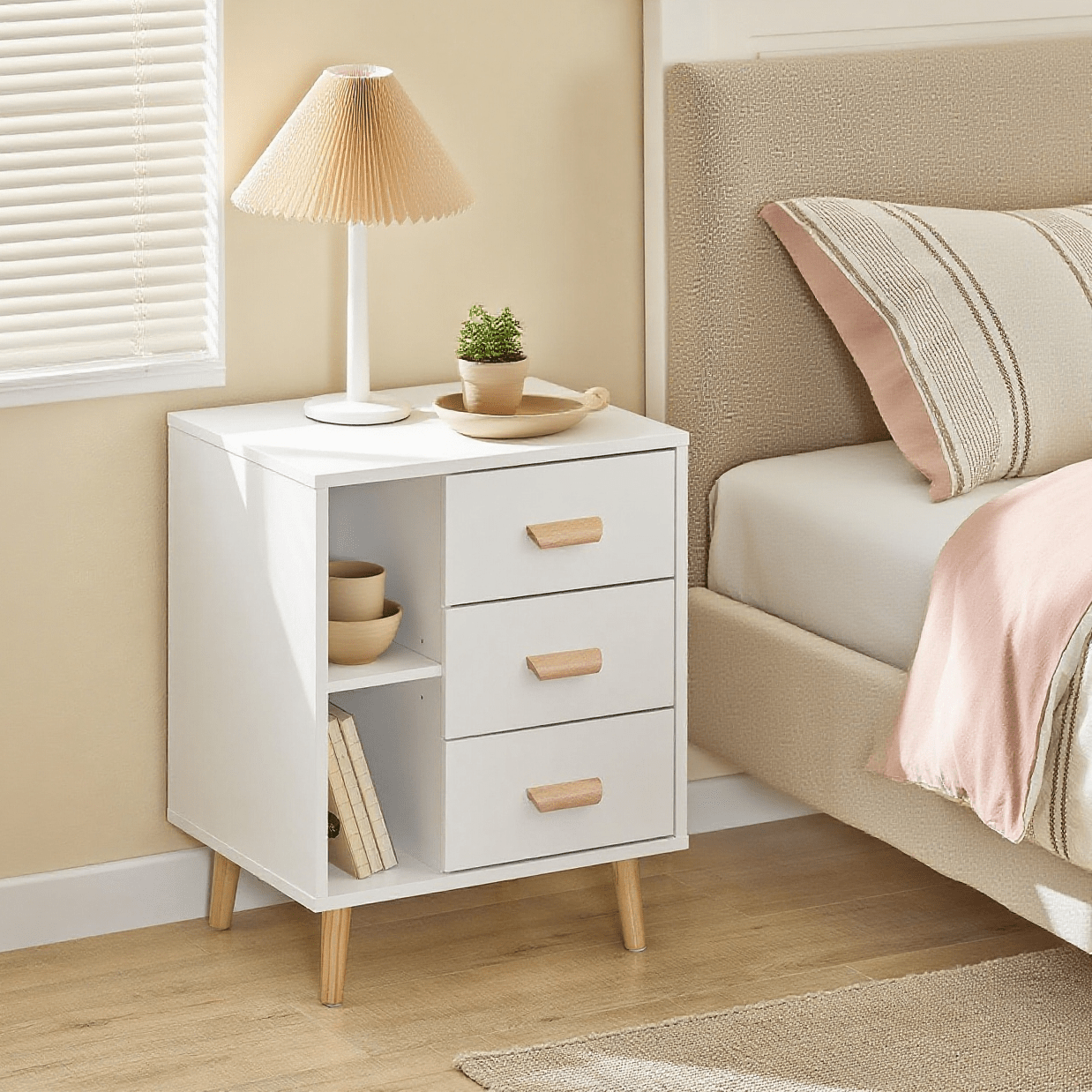 Mesa-de-Cabeceira com 3 Gavetas e 2 Nichos Abertos – Mesa Lateral para Quarto e Sala 48×60×40 cm