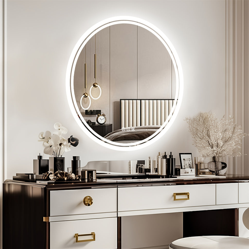 Espelho Redondo de Banheiro com Iluminação LED – Antienbaçamento, 3 Tonalidades de Luz, Memória e Desembaçador Integrado